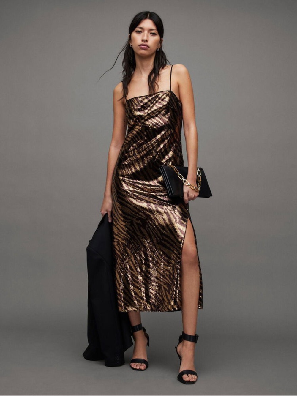 All Saints Bonnie Sequin Tiger Stripe Midi Slip Dress Size 6 Metallic Gold Black